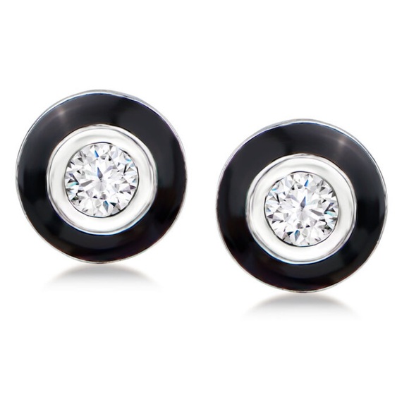 NWT Judith Ripka JR TWO Adrienne Diamond and Black Enamel Stud Earrings - Picture 1 of 13